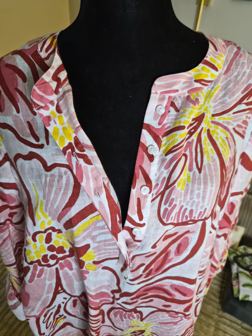 100% Linen...Pink Floral Tunic Top with Yellow Accents - Picture 3 of 6
